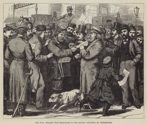 Der Krieg, Lesen von Kriegstelegrammen im Newski-Prospekt, St. Petersburg (Stich) von English School