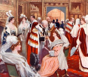 Das Vorzimmer des House of Peers vor der feierlichen Parlamentseröffnung von English School