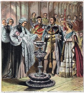 Die Taufe des Prinzen von Wales, der König Edward VII. (1841-1910) wurde, in Anwesenheit seiner Eltern, Königin Victoria I. (1819-1901) und Prinz Albert von Sachsen-Coburg-Gotha.