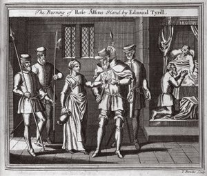 Das Verbrennen von Rose Allins Hand durch Edmund Tyrill, Illustration aus Foxes Märtyrer, ca. 1703