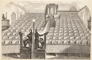 Die Kapelle im separaten System im Pentonville-Gefängnis während des Gottesdienstes, Illustration aus The Criminal Prisons of London and Scenes from Prison Life von Henry Mayhew und John Binny, veröffentlicht 1862