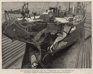 Die Kollision zwischen der SS Toreador und La Bourgogne; Ansicht der Toreador im Dock in Liverpool