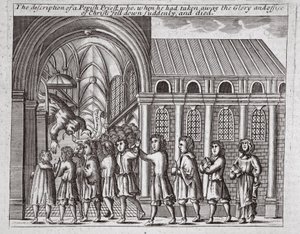 Die Beschreibung eines papistischen Priesters, der, nachdem er die Herrlichkeit und das Amt Christi weggenommen hatte, plötzlich fiel und starb, Illustration aus Acts and Monuments von John Foxe, neunte Ausgabe, veröffentlicht 1684 von English School