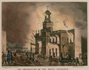 Die Zerstörung der Royal Exchange, London, durch Feuer in der Nacht des 10. Januar 1838