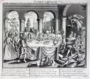 Die teuflische Maskerade oder das Drachenfest, wie es vom Hell-Fire-Club im Somerset House in der Strand, ca. 1721, aufgeführt wurde von English School
