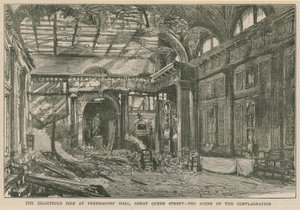 Das verheerende Feuer in der Freemasons Hall, Great Queen Street, London