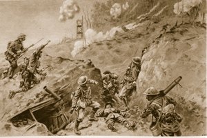 Die schrecklichen Hohlwege, die zu Oppy Wood führten, britische Bomber arbeiten entlang der deutschen Schützengräben, 1914-19 von English School