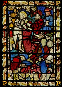 Das Ostfenster, das Christus entkleidet für die Kreuzigung; das Loswerfen darstellt von English School