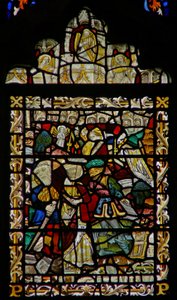Das Ostfenster, das den heiligen Johannes auf Patmos und Engelmusiker im Baldachin darstellt