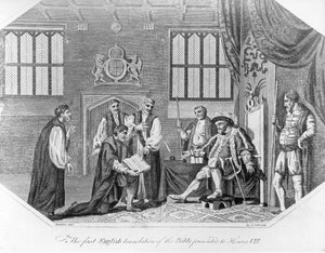 Die erste englische Übersetzung der Bibel, präsentiert an Heinrich VIII., 1824