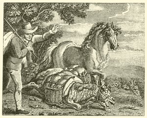 Das Pferd und der beladene Esel (Gravur) von English School