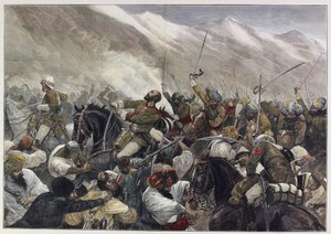 Der letzte afghanische Krieg: Tod von Major Wigram Battye in der Schlacht von Futtehabad am 30. April (farbiger Stich)