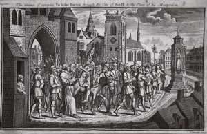 Die Art des Transports von Nicholas Burton durch die Stadt Sevilla zu seinem Martyrium, Illustration aus Foxes Märtyrer, ca. 1703