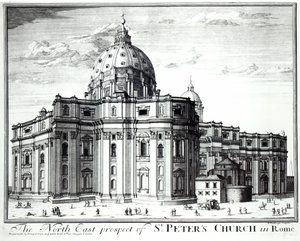 Die nordöstliche Aussicht auf die St. Peterskirche, Rom, graviert von H. Hulfbergh von English School