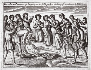 Die Ordnung und Weise der Beerdigung auf den Feldern derer, die im Gefängnis starben, und namentlich Will Wiseman, Illustration aus Acts and Monuments von John Foxe, neunte Ausgabe, veröffentlicht 1684 von English School