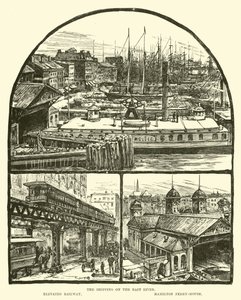 Die Schifffahrt auf dem East River; Hochbahn; Hamilton Fährhaus von English School