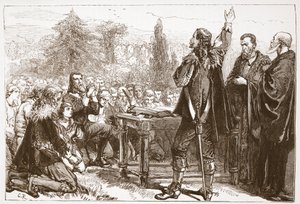 Das Schwören und Unterzeichnen des Nationalen Bundes im Greyfriars-Kirchhof, Edinburgh, Illustration aus The History of Protestantism von James Aitken Wylie, veröffentlicht 1878