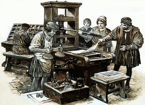 Die dritte Druckerpresse in England wurde 1480 in St. Albans eingerichtet (Gouache auf Papier) von English School