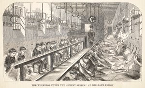 Die Werkstatt unter dem Silent System im Millbank-Gefängnis, Illustration aus The Criminal Prisons of London and Scenes from Prison Life von Henry Mayhew und John Binny, veröffentlicht 1862 von English School