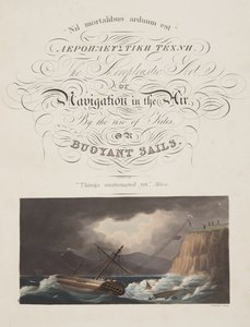 "Versuche unternommen" , Milton, Frontispiz aus "Die Aeropleustische Kunst oder Navigation in der Luft, durch die Verwendung von Drachen oder Auftriebsegeln, veröffentlicht 1827