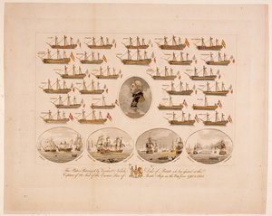 Diese Platte wird von Viscount Nelson, Herzog von Bronte, unterstützt, der an der Eroberung von 26 Schlachtschiffen der Feinde im Krieg von 1793 bis 1805 teilgenommen hat von English School