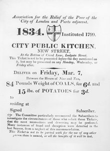 Ticket für Bedürftige zum Erhalt von Kohle und Kartoffeln aus der städtischen Volksküche, New Street, London, 1834