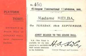 Eintrittskarte für Nellie Melba bei der Glasgow International Exhibition, 1901