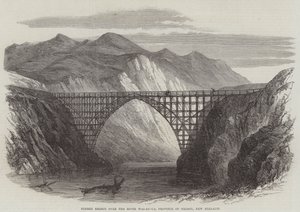 Holzbrücke über den Fluss Wai-Au-Ua, Provinz Nelson, Neuseeland (Stich) von English School
