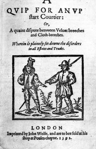 Titelseite für A Quip for an Upstart Courtier: oder, Ein eigenartiger Streit zwischen Samt-Hosen und Tuch-Hosen von Robert Greene, veröffentlicht 1592