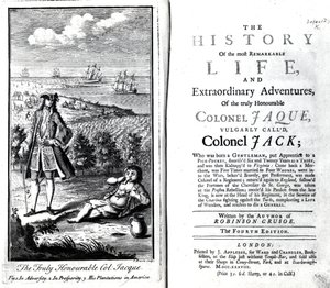 Titelseite und Frontispiz für The History of the most Remarkable Life and Extraordinary Adventures of the truly Honourable Colonel Jaque von Daniel Defoe, 1738