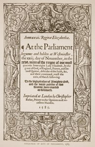 Titelseite von Acts of Parliament, gedruckt von Christopher Barker (1528-99), 1585 (Sepia-Foto)