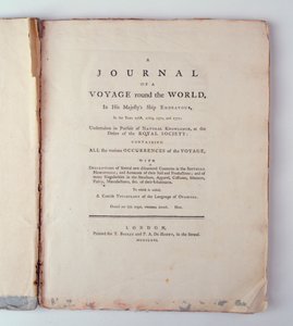 Titelseite eines Journals einer Reise um die Welt auf Seiner Majestät Schiff Endeavour in den Jahren 1768, 1769, 1770 und 1771, veröffentlicht in London, 1771