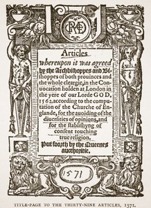Titelseite zu den Neununddreißig Artikeln, 1571, Illustration aus Die Kirche von England: Eine Geschichte für das Volk von H.D.M. Spence-Jones, veröffentlicht um 1910