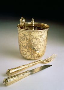 Reiseset mit Messer, Gabel, Löffel und Becher, um 1690 (Silber)