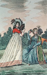 Zwei modische Damen in einem Garten, ca. 1800 (Farbstich)