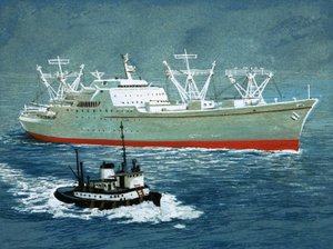 Unidentifiziertes Boot und Schlepper von English School