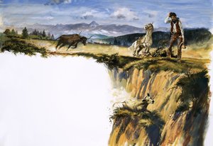 Unidentifizierter Cowboy kratzt sich am Kopf, während er überlegt, wie er ein Rind retten kann
