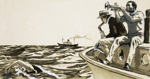 Unidentifizierte Jazzspieler auf einem Boot