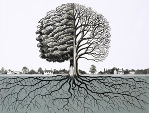 Unidentifizierter Baum, zeigt zur Hälfte ohne Blätter und Wurzelsystem von English School