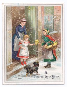 Viktorianische Neujahrskarte mit einem Dienstmädchen, das ein kleines Mädchen festhält, während sie Blumen von einem Blumenverkäufer im fallenden Schnee kauft, ca. 1880 von English School
