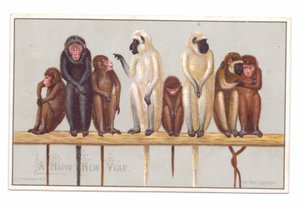 Viktorianische Neujahrskarte mit acht Affen auf einem Sims, ca. 1880 (Farblithographie) von English School