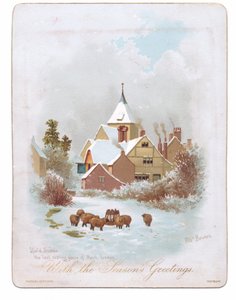 Viktorianische Grußkarte von Schafen, die in der Nähe einer Kirche im Schnee wandern, ca. 1880