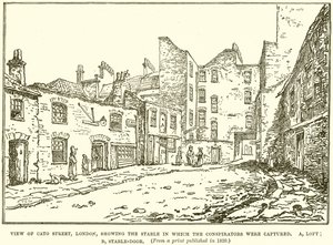 Ansicht der Cato Street, London, mit dem Stall, in dem die Verschwörer gefangen wurden