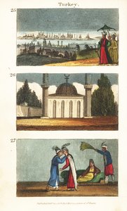 Ansicht von Konstantinopel (Istanbul) im frühen 19. Jahrhundert: Muslimische Moschee mit Kuppel und Minaretten und junge griechische Frauen, die sich auf die Augen küssen