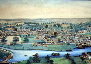 Ansicht einer Stadt und eines Flusses, ca. 1830
