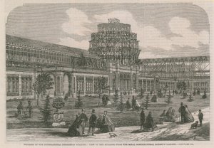 Ansicht des Internationalen Ausstellungsgebäudes von den Gärten der Königlichen Gartenbaugesellschaft von English School