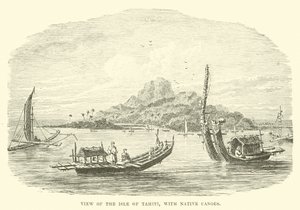 Blick auf die Insel Tahiti, mit einheimischen Kanus von English School