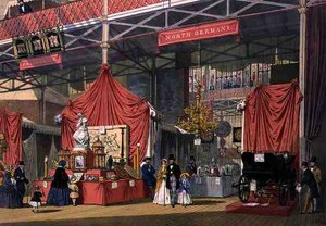 Ansicht des Klier und Sons Musikinstrumentenstands im norddeutschen Bereich der Großen Ausstellung von 1851, aus Dickinsons umfassenden Bildern (Farblithografie) von English School