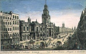 Ansicht der Royal Exchange, London, graviert von Pierre Moithey