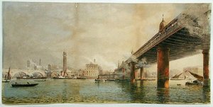 Blick auf das Südufer der Themse zwischen Waterloo und Hungerford Bridges, ca. 1870